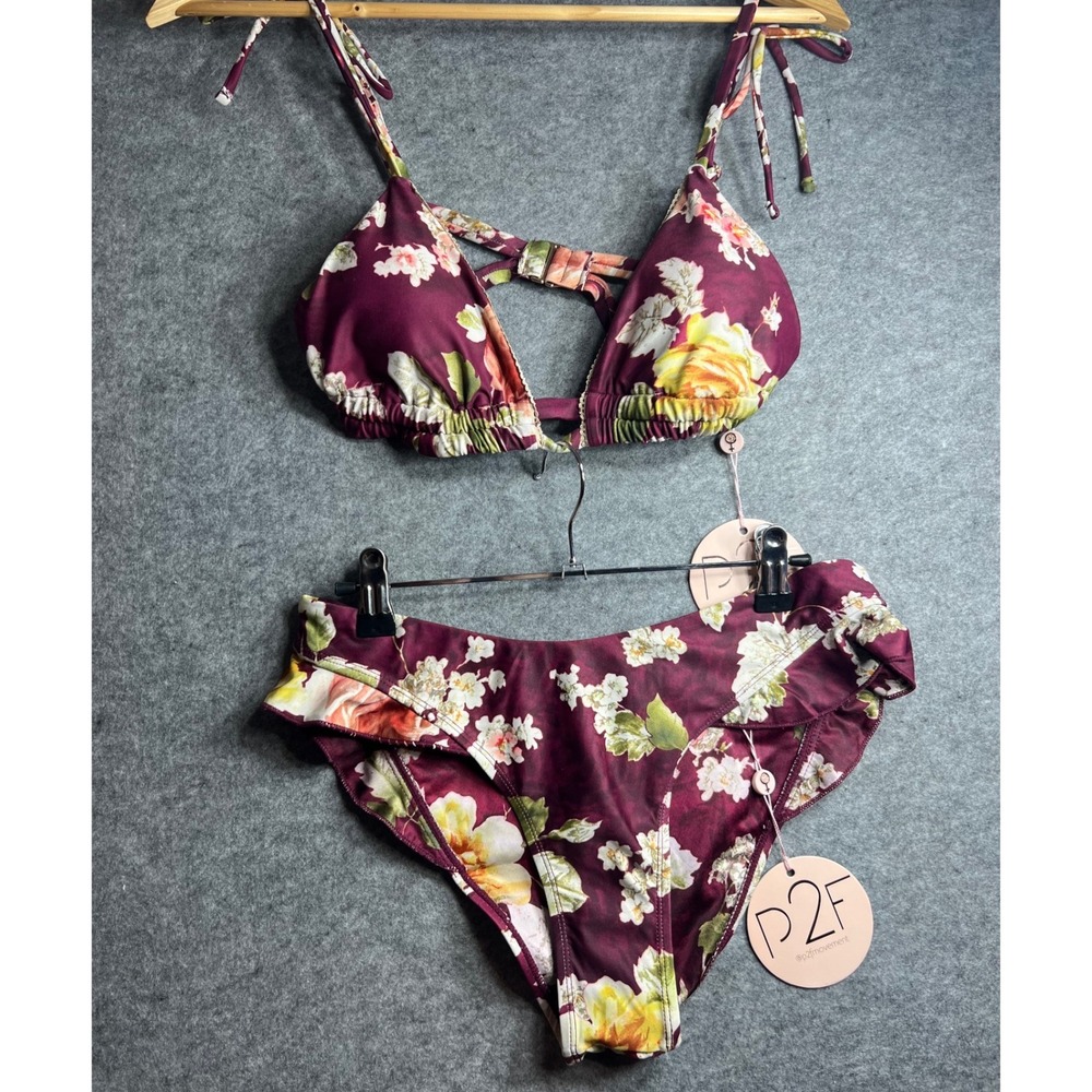 Power 2 The Flower Burgundy Floral Bikini Set Ruffle Lace Up Back Swimsuit Sz M